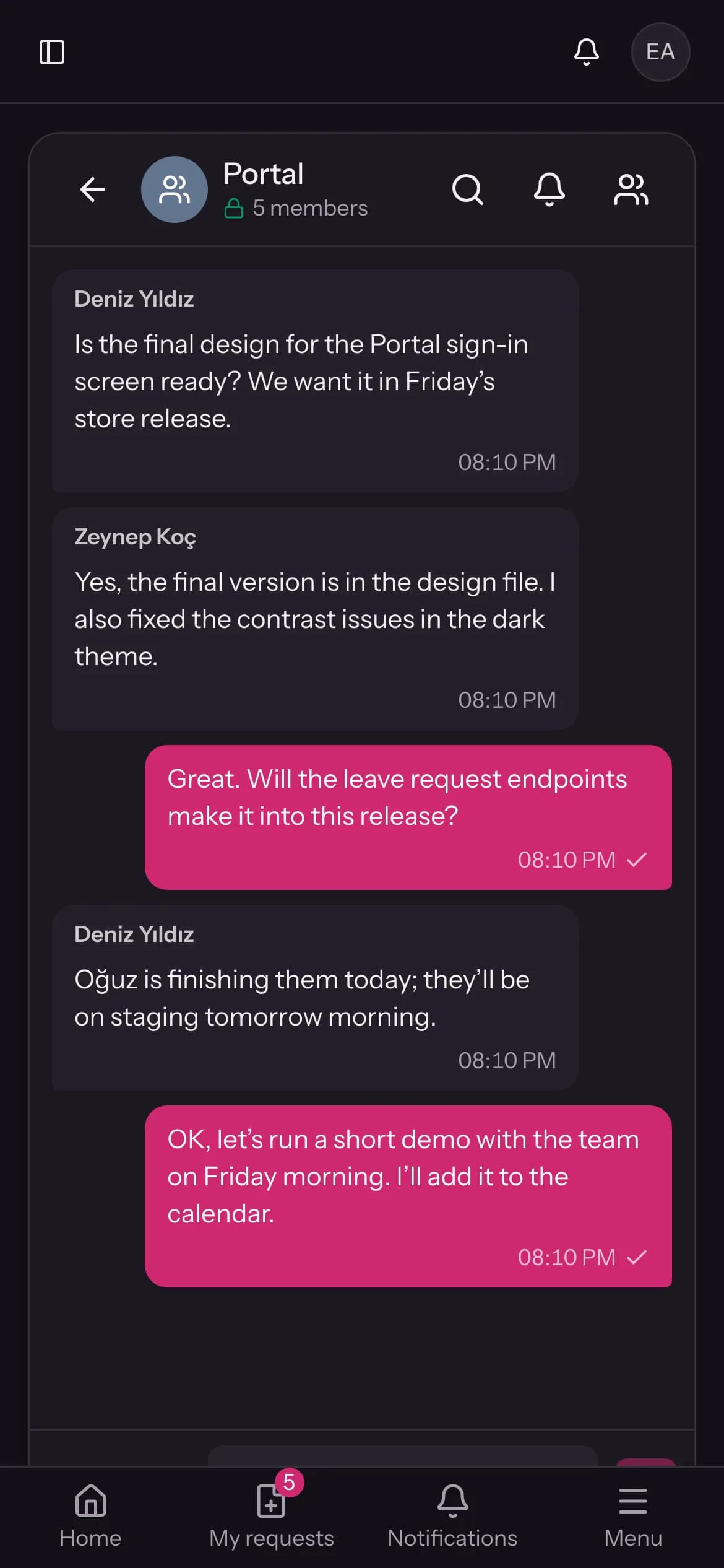 Internal messaging screen