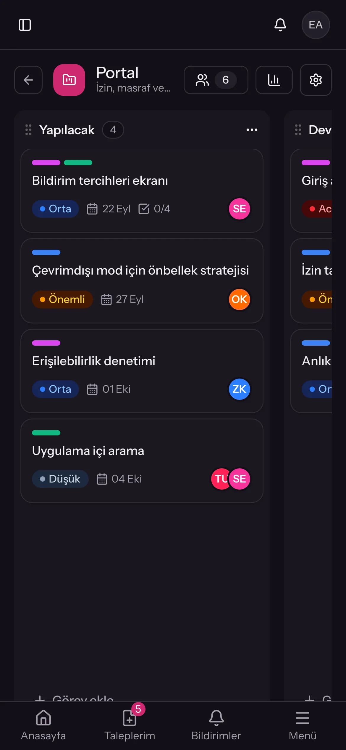 Proje panosu ekranı