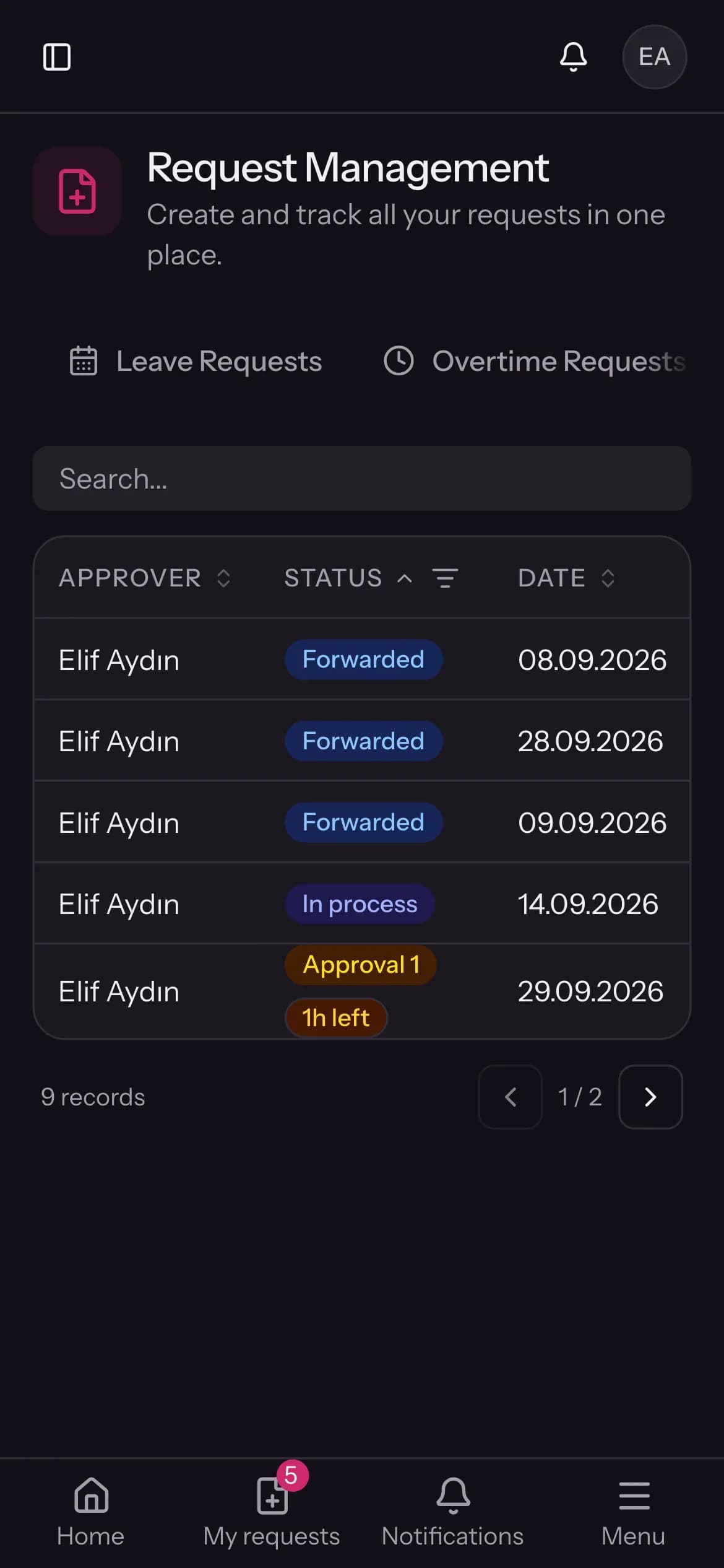 Approved request screen