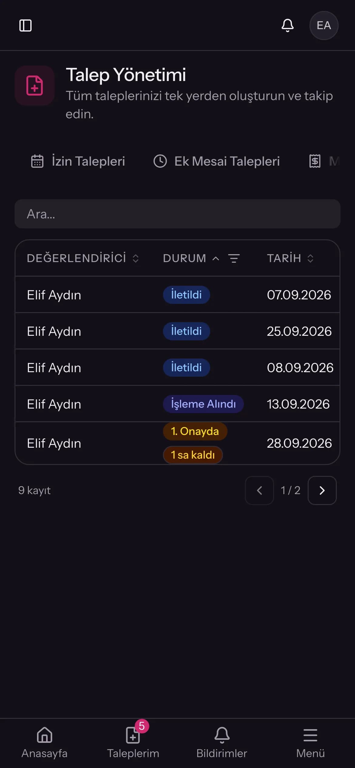 Onaylanmış talep ekranı